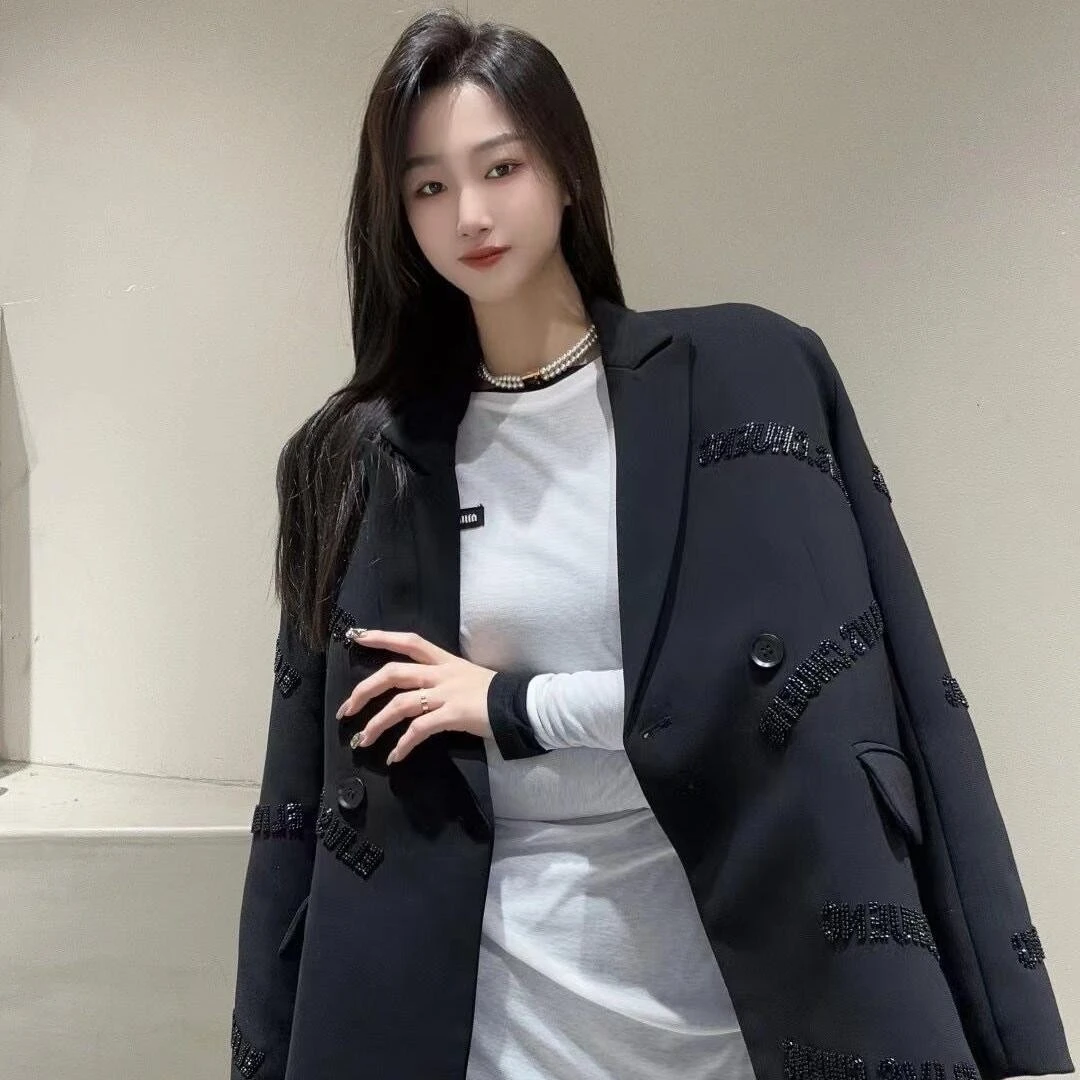 品质新款时尚名媛气质中长款慵懒风字母重工烫钻长袖西服外套女潮