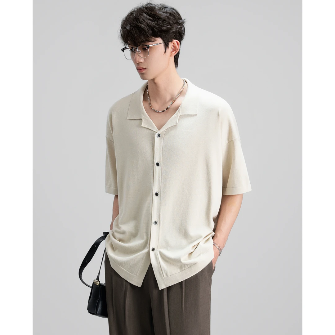 OWNR/OWNR杏色冰丝针织短袖衬衫男2025夏季新款休闲古巴领衬衣