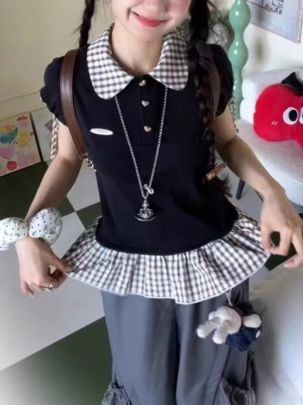 美式设计感拼接格纹下摆上衣夏季款修身显瘦娃娃领短袖T恤女1466