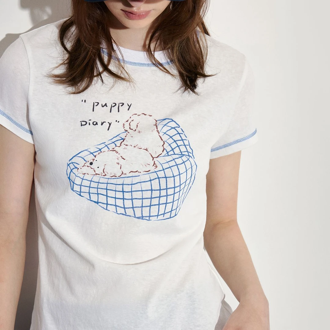 范洛fano 趣味感 线条沙发小狗 撞色线雪花棉印花T恤FX25S258推广