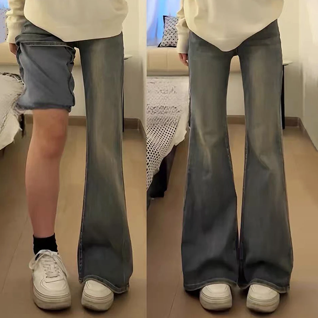 高腰阔腿微喇牛仔裤女小个子秋季2025新款修身显瘦不贴腿喇叭裤子