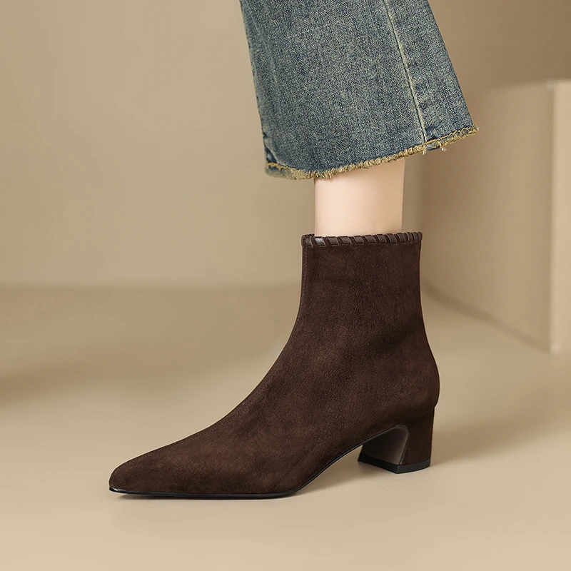 4.5cm绒面黑色高跟靴子秋冬复古风粗跟瘦瘦靴真皮百搭侧拉链裸靴