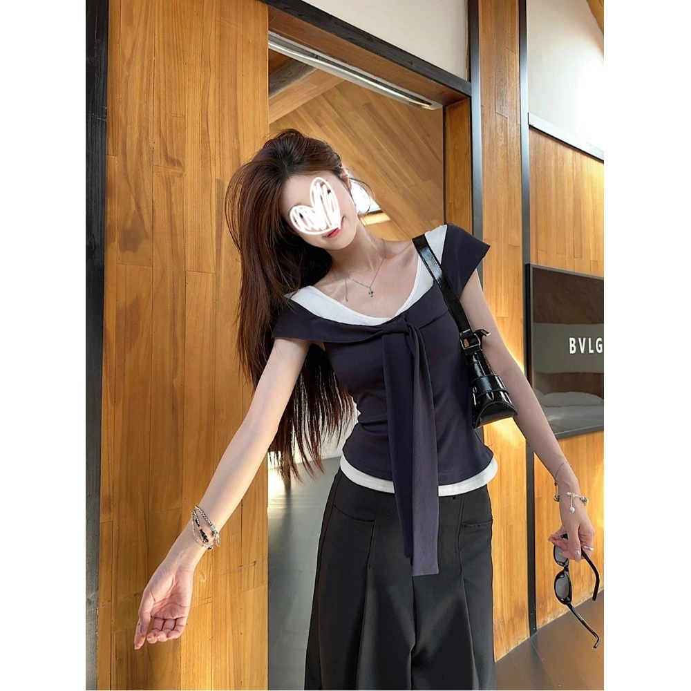 韩系设计感撞色拼接一字领恤女装夏季新款复古系带女上衣