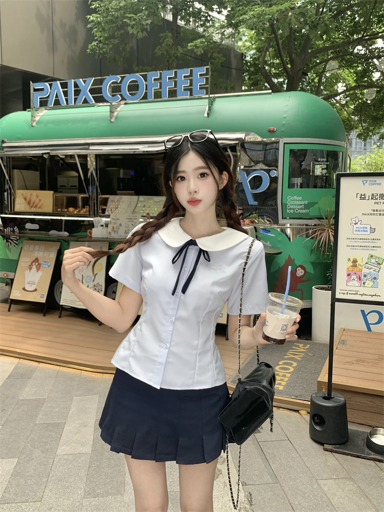 18839实拍小野学院短袖衬衫jk制服套装收腰衬衫蓝色刺绣款夏