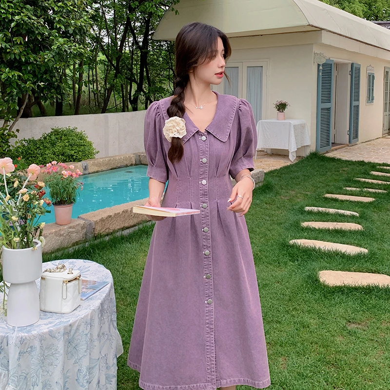 现货、紫色牛仔连衣裙裙子151-6628-