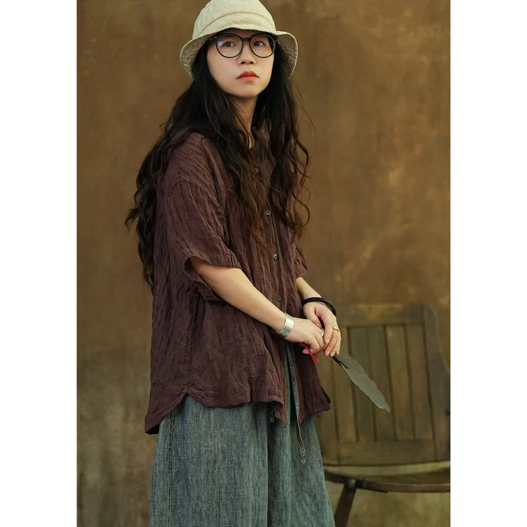 素朴布衣云雾里5208-1原创复古文艺松弛感宽松亲肤轻薄苎麻短衬衫
