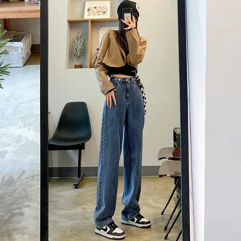 阔腿牛仔裤女年秋冬季新款小个子高腰显瘦可调节垂感拖地裤子