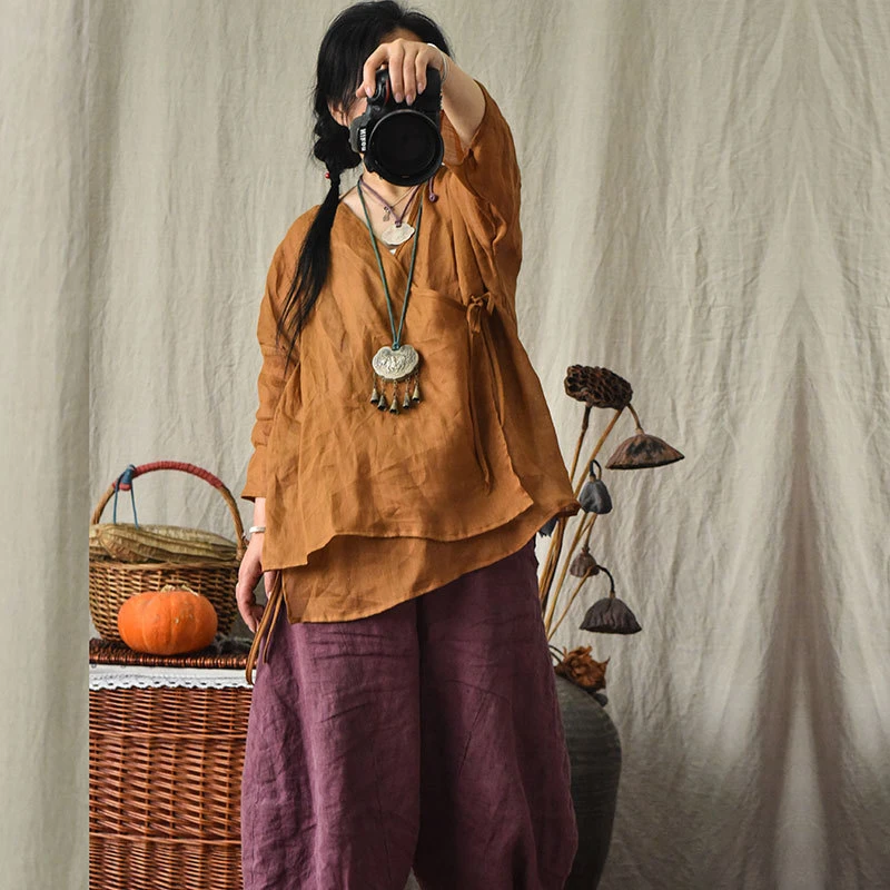 原创100支高端轻薄苎麻斜襟开衫系带上衣文艺宽松短款女衬衫上衣