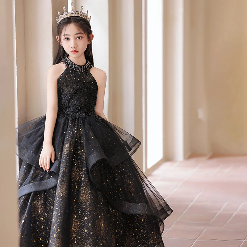 女童晚礼服黑色高端轻奢小众春秋公主裙主持人钢琴演奏演出服生日