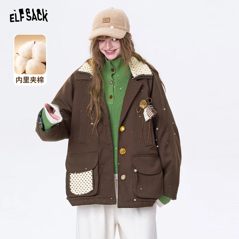 【陈嘉尔专属】妖精的口袋复古棕色工装棉衣冬季新款钩针拼接