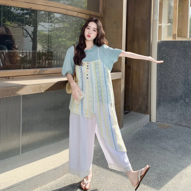 韩系套装裤2025夏季新款显白轻薄衬衫不规则吊带罩衫阔腿裤三件套