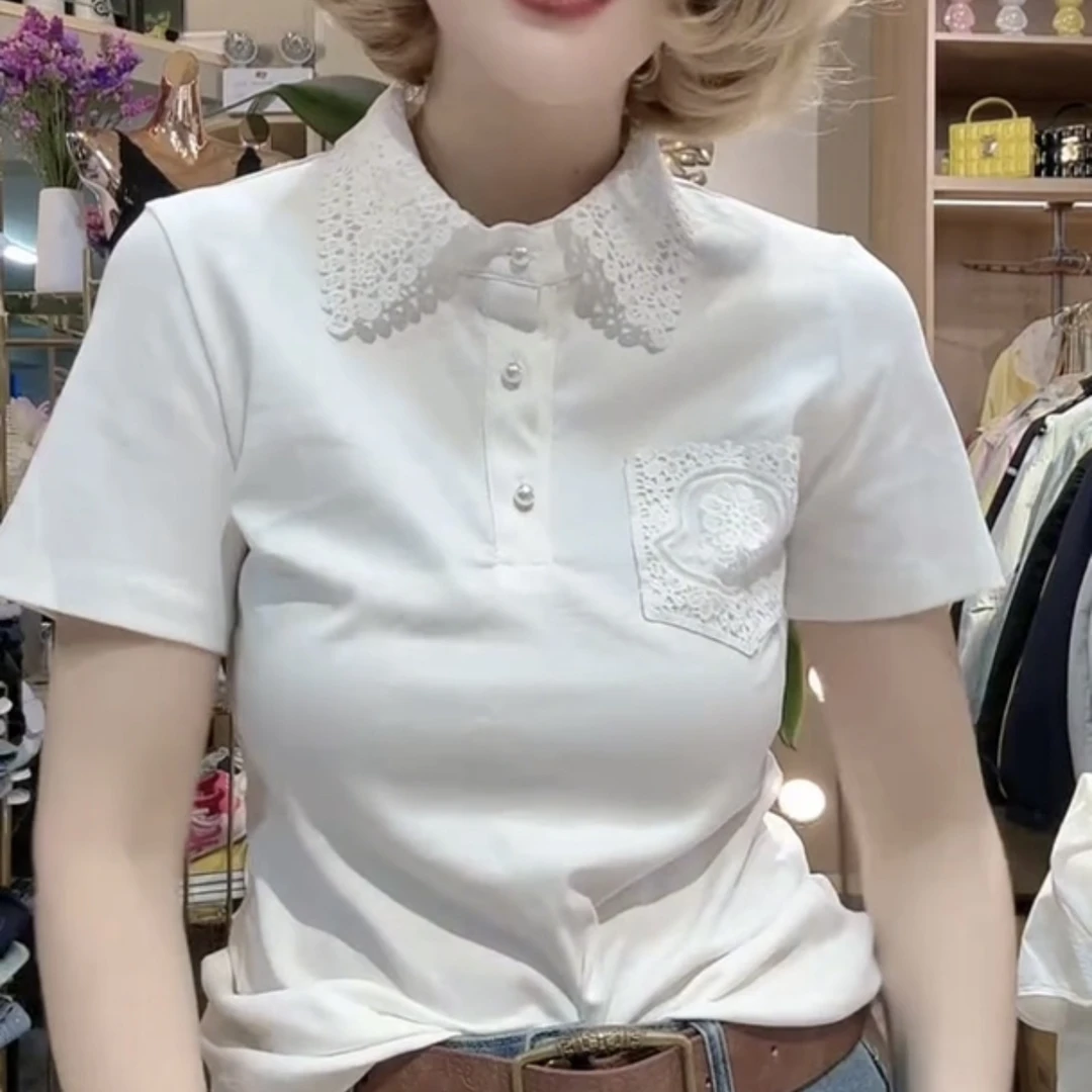 蕾丝轻熟风拼接POLO领短袖T恤重工轻奢百搭半袖翻领ol气质1144