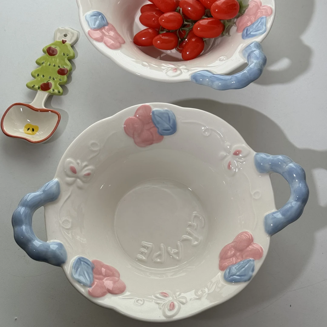 紫薇花开浮雕陶瓷米饭碗家用高颜值餐具双耳沙拉碗螺蛳粉碗