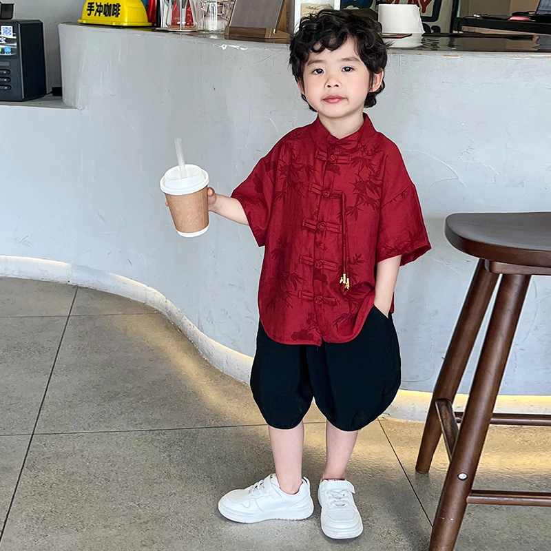 男童中式短袖套装夏季2025新款儿童汉服唐装小少爷国风红色两件套