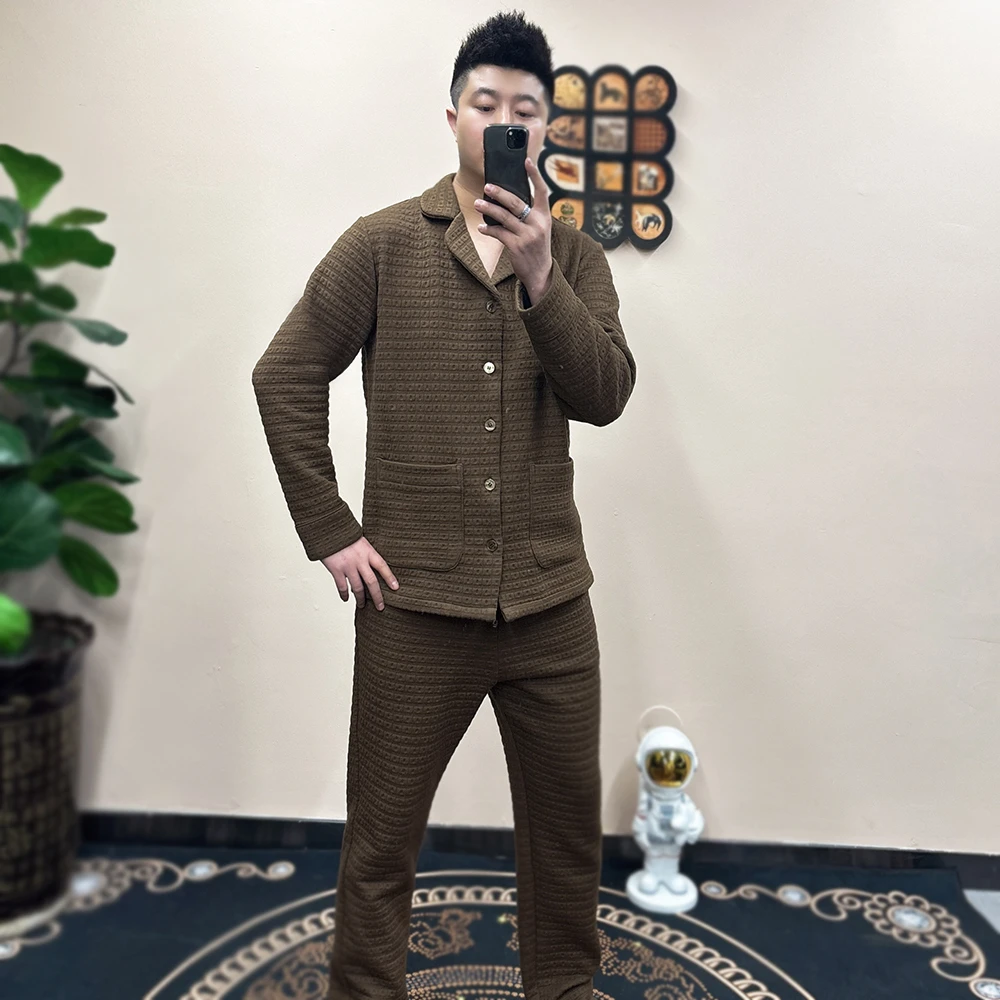 男士大码高弹力休闲秋冬空气棉立体印花保暖舒适可外穿家居服套装