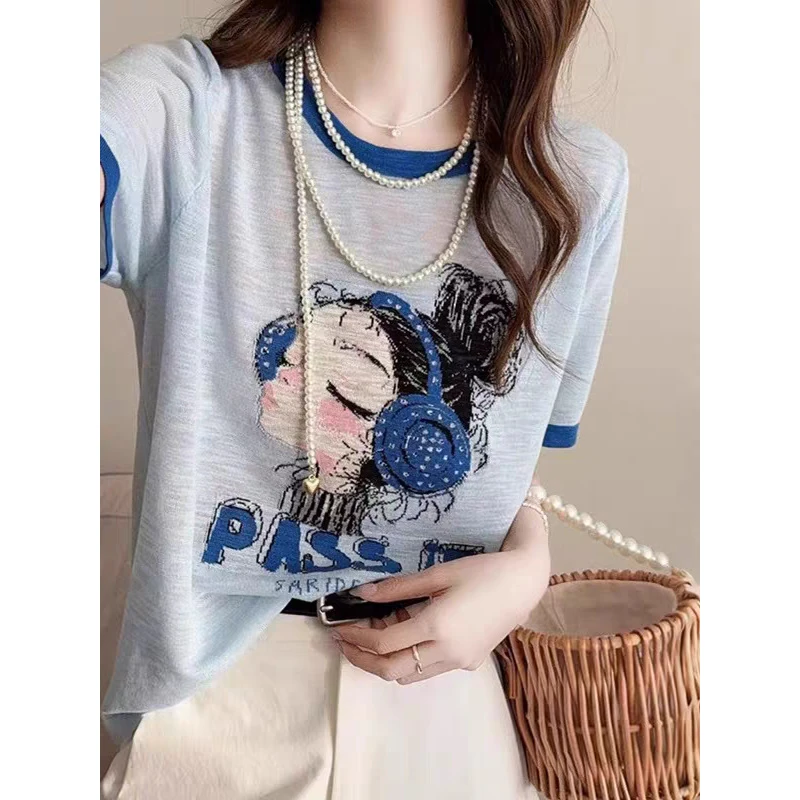 竹节麻卡通印花短袖针织T恤女宽松圆领显瘦薄款上衣2025夏新款
