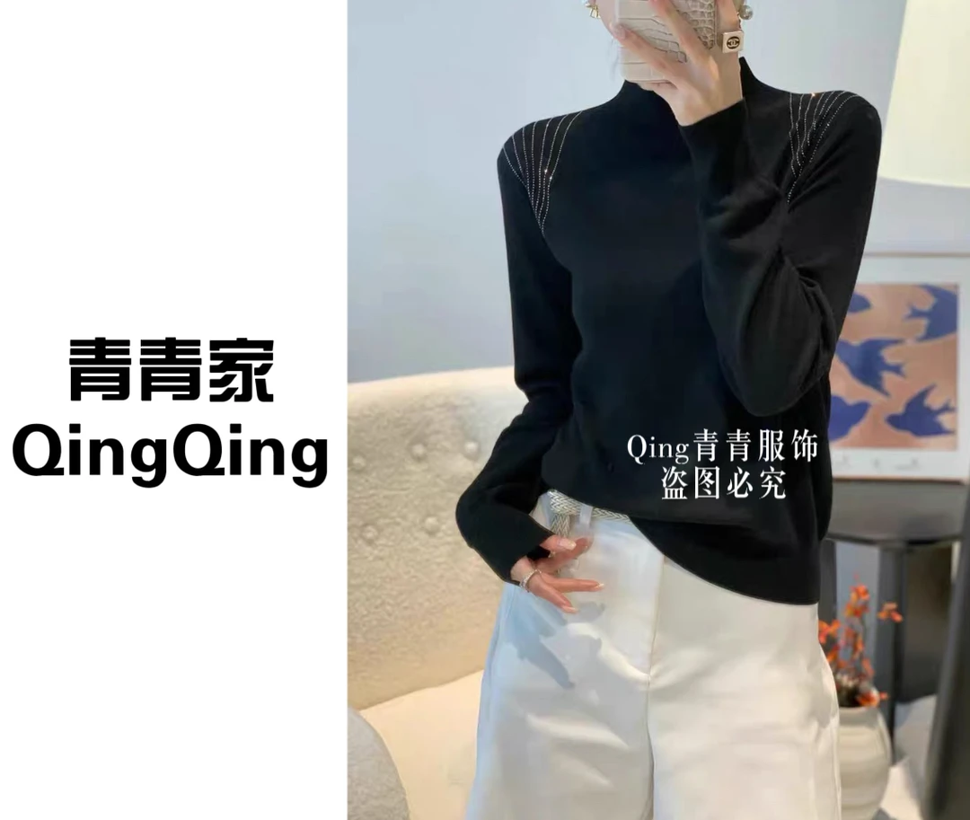 青青家  秋冬新款时尚肩膀亮钻设计显瘦针织衫-83027