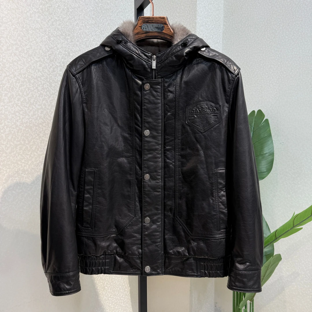 男士牛皮连帽整貂内胆高端皮衣