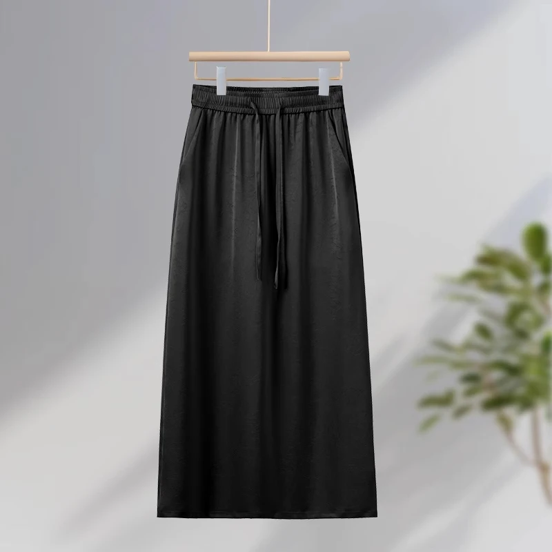 拉夏贝尔中长直筒裙2025年夏季薄新款高腰垂感休闲醋酸缎面半身裙