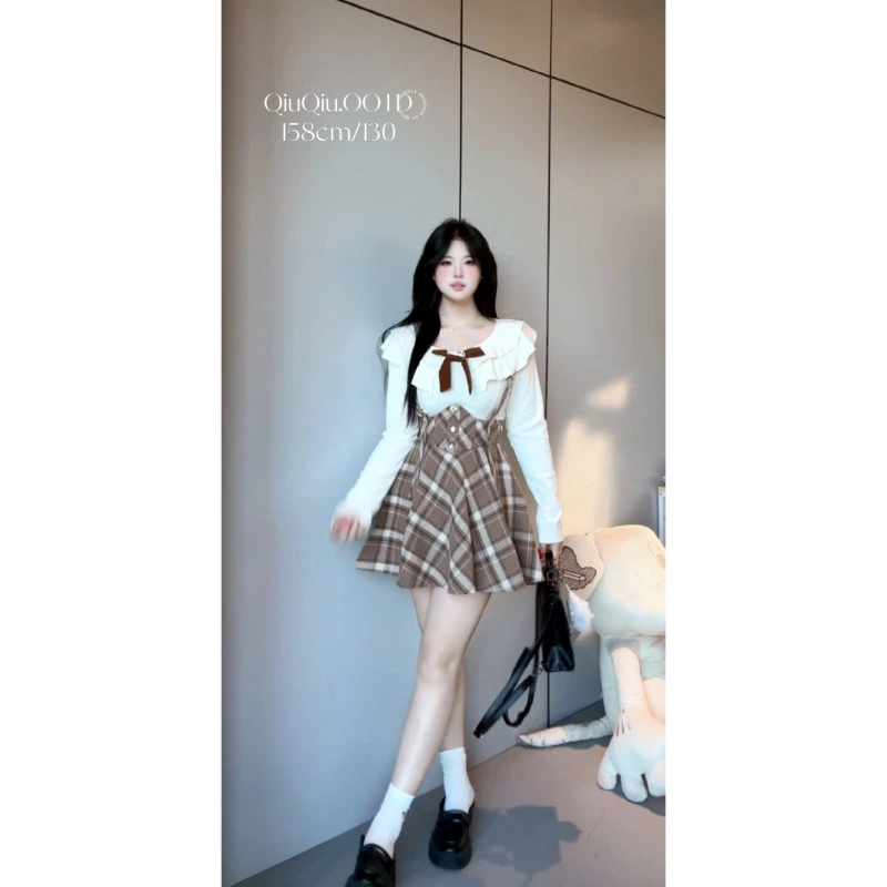 【咖啡奶泡-上衣】10763胖mm大码领口蝴蝶结荷叶边长袖上衣搭格纹