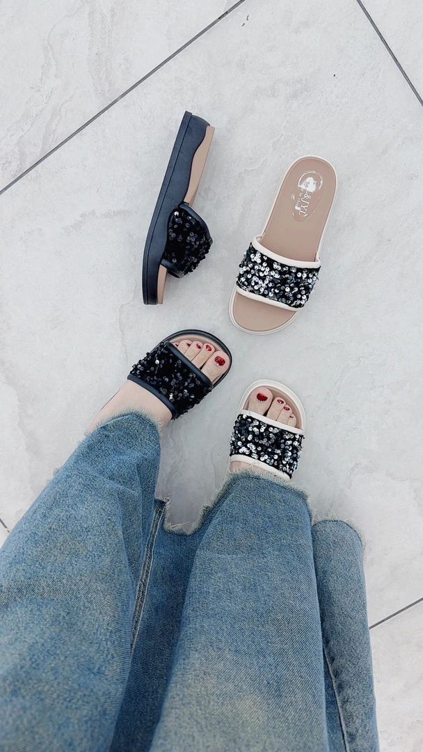 百搭防滑外穿拖鞋厚底鞋珠片下水拖