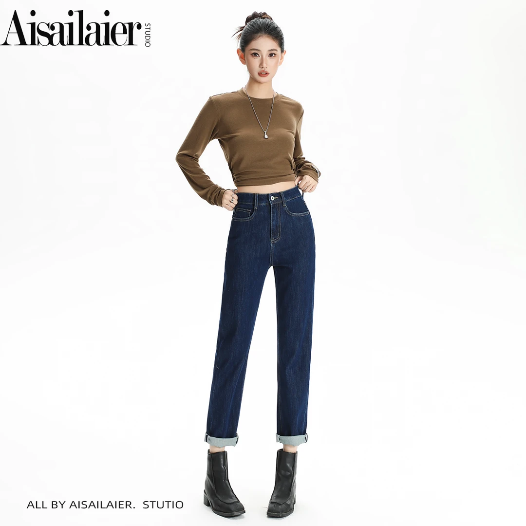 法式窄版高腰直筒牛仔裤女2025秋冬四面弹显瘦深蓝色九分烟管裤