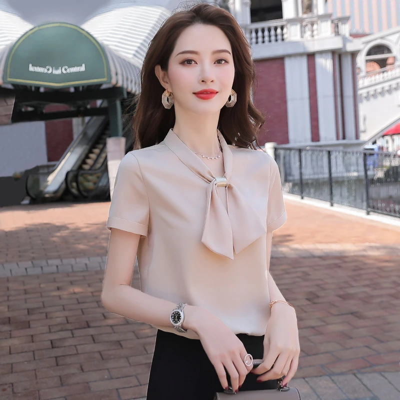 香槟色雪纺衬衫女夏短袖薄款设计感小众2025新款夏季蝴蝶结白衬衣