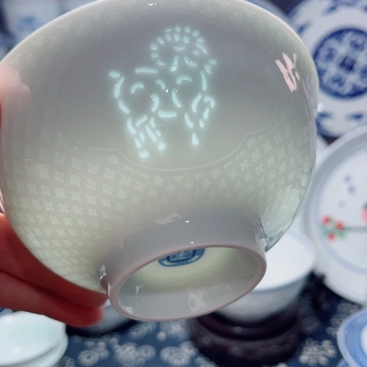 青花玲珑5寸饭碗生肖。羊