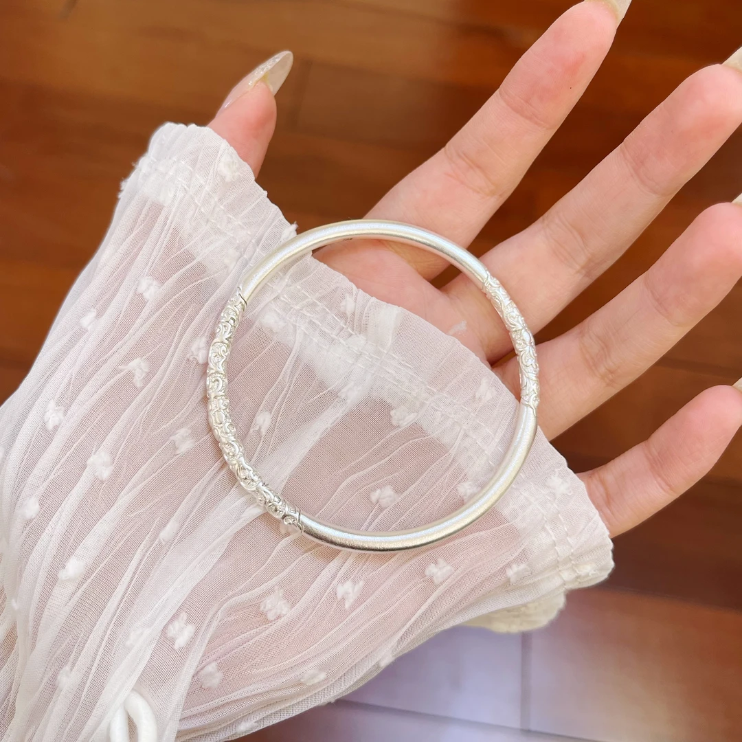 足银手镯 【卷草纹】足银固口古风手工经典足银999.9手镯镯子