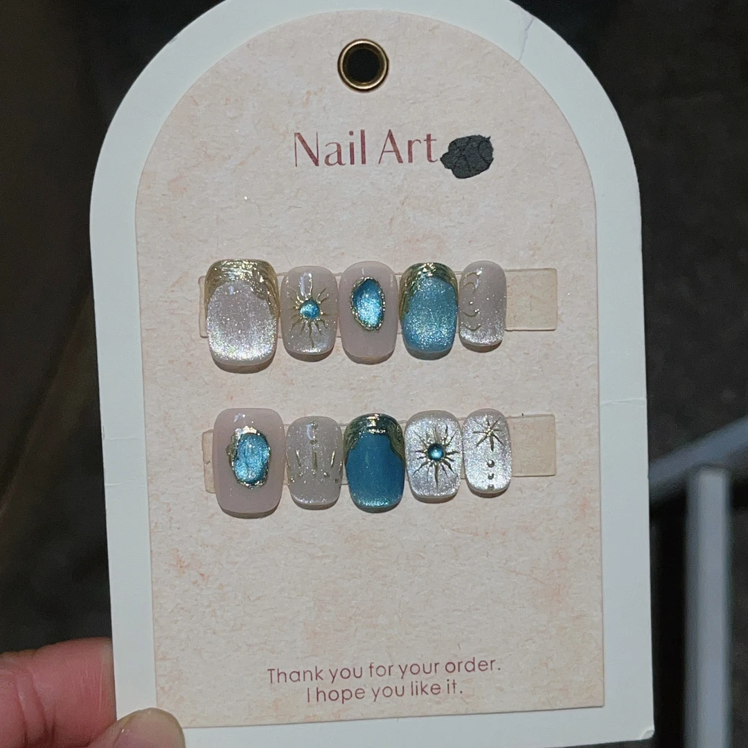 高级感穿戴甲亚特兰蒂斯少女爆闪显白手绘轻奢纯手工穿戴甲高