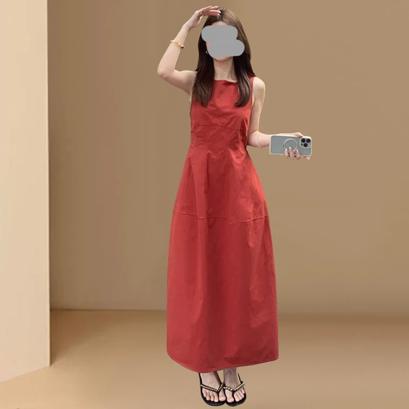 红色无袖背心连衣裙女夏季2025新款轻奢高级感小个子气质法式裙子