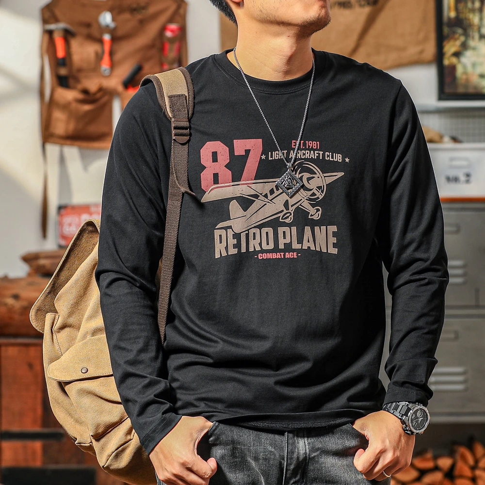 季言男装长袖t恤2025新款纯棉 美式复古内搭上衣男圆领印花打底衫