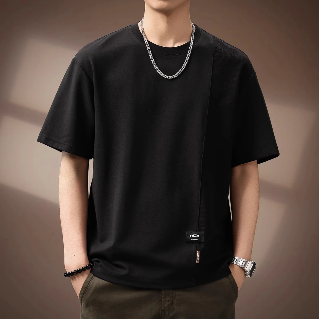 Cebrodz高端肌理感复古拼接短袖男2025夏季新款宽松休闲潮牌体恤