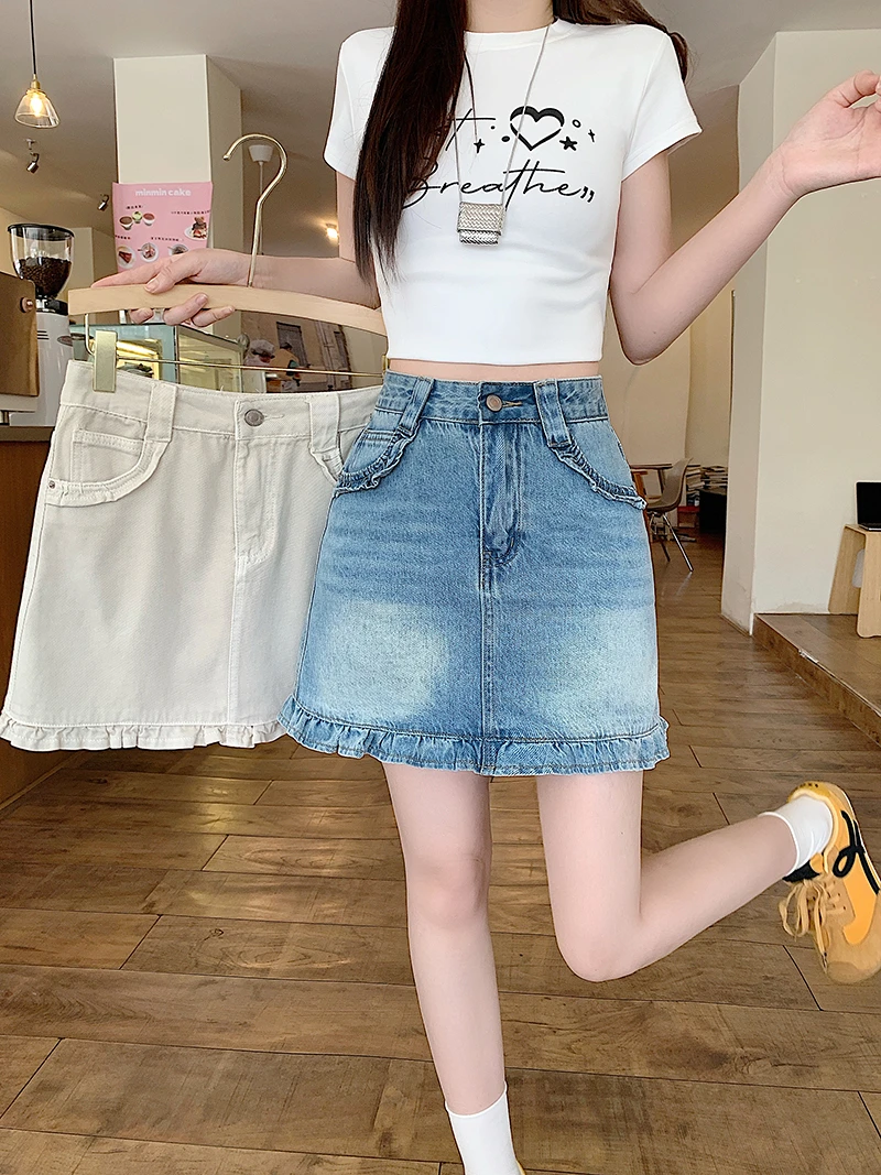 【运费补贴】胖mm大码女复古别致高腰显瘦花边牛仔短裙半身裙30713