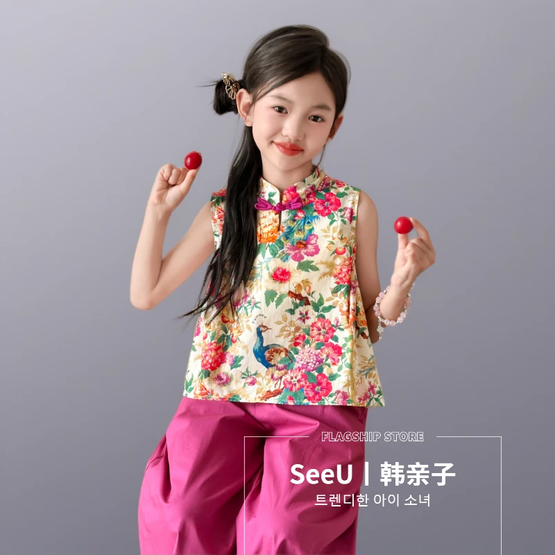 夏季夏款汉服中式套装棉布中大童新款花朵儿童童装棉布孔雀国潮