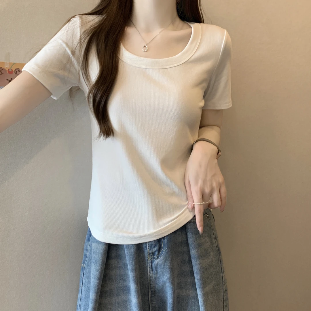 方领短袖t恤女ins夏季半袖体恤法式露锁骨短款上衣