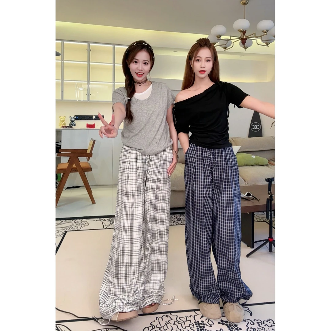 复古花边格子休闲裤女夏季薄款宽松透气显瘦阔腿裤束脚哈伦裤