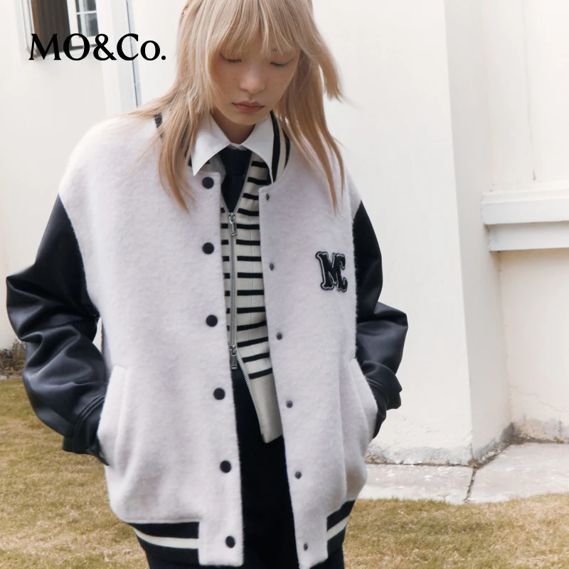 【达播用链接】MOCO秋冬撞色素皮拼接绵羊毛毛绒宽松外套MBC4COT036