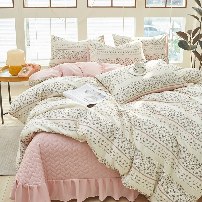 春夏新款针织双层纱床盖床裙款四件套亲肤柔软不起球可机洗