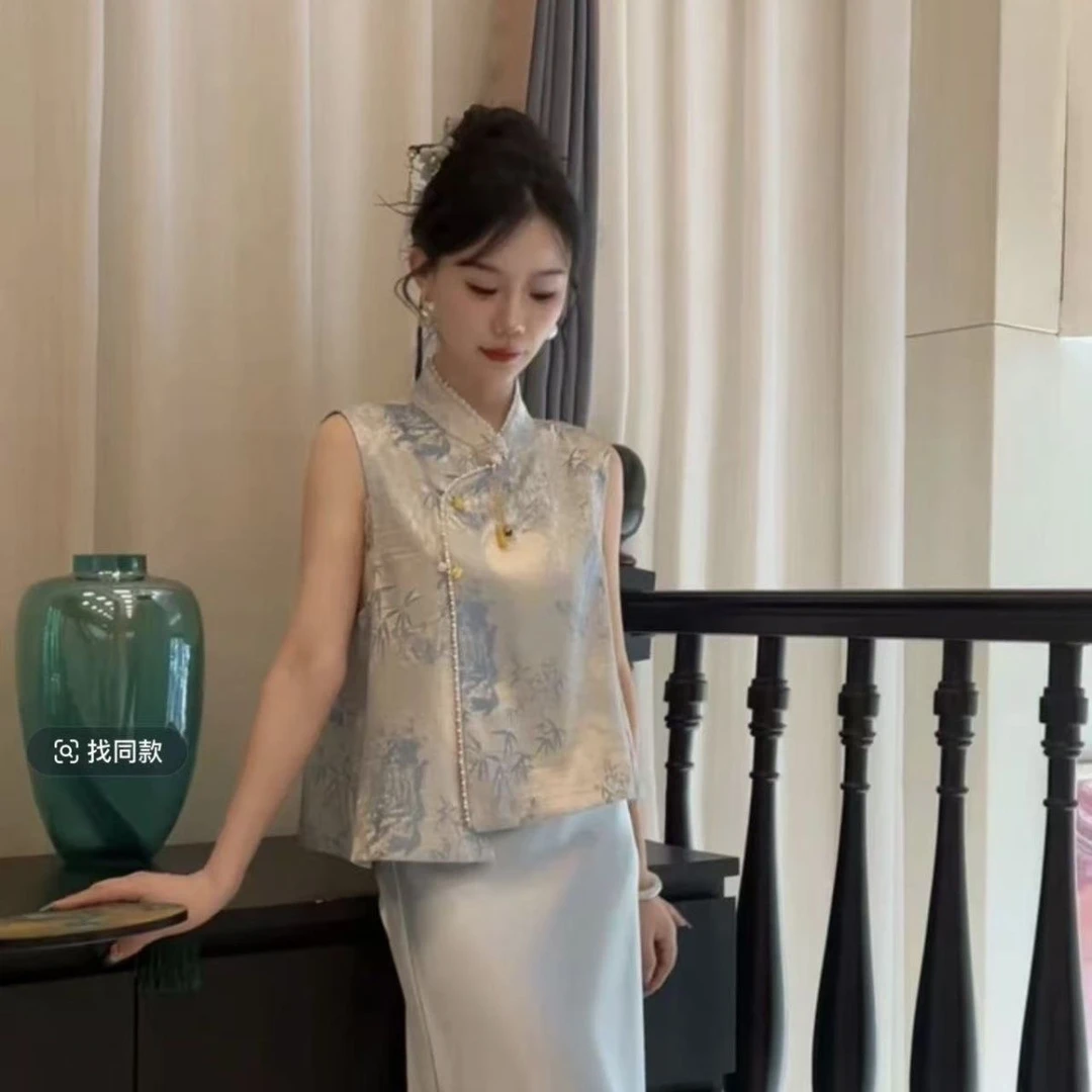 2025新中式国风气质时尚百搭宽松复古夏季透气显瘦立领无袖马甲