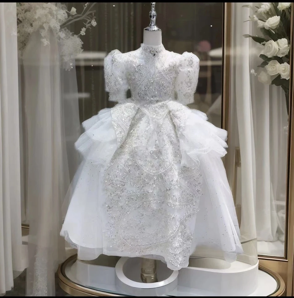 白色高定奢华儿童晚礼服闪亮主持人钢琴生日宴会花童蓬蓬公主长裙