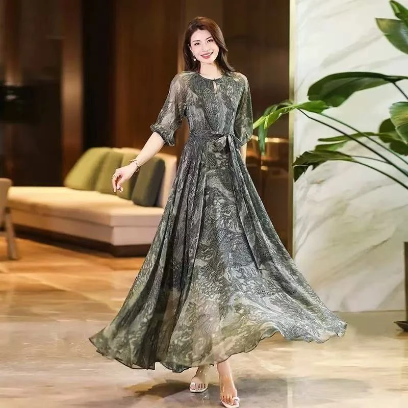 【连衣裙茉莉色】夏季高领连衣裙垂坠显瘦雪纺裙大码时尚中长款春夏