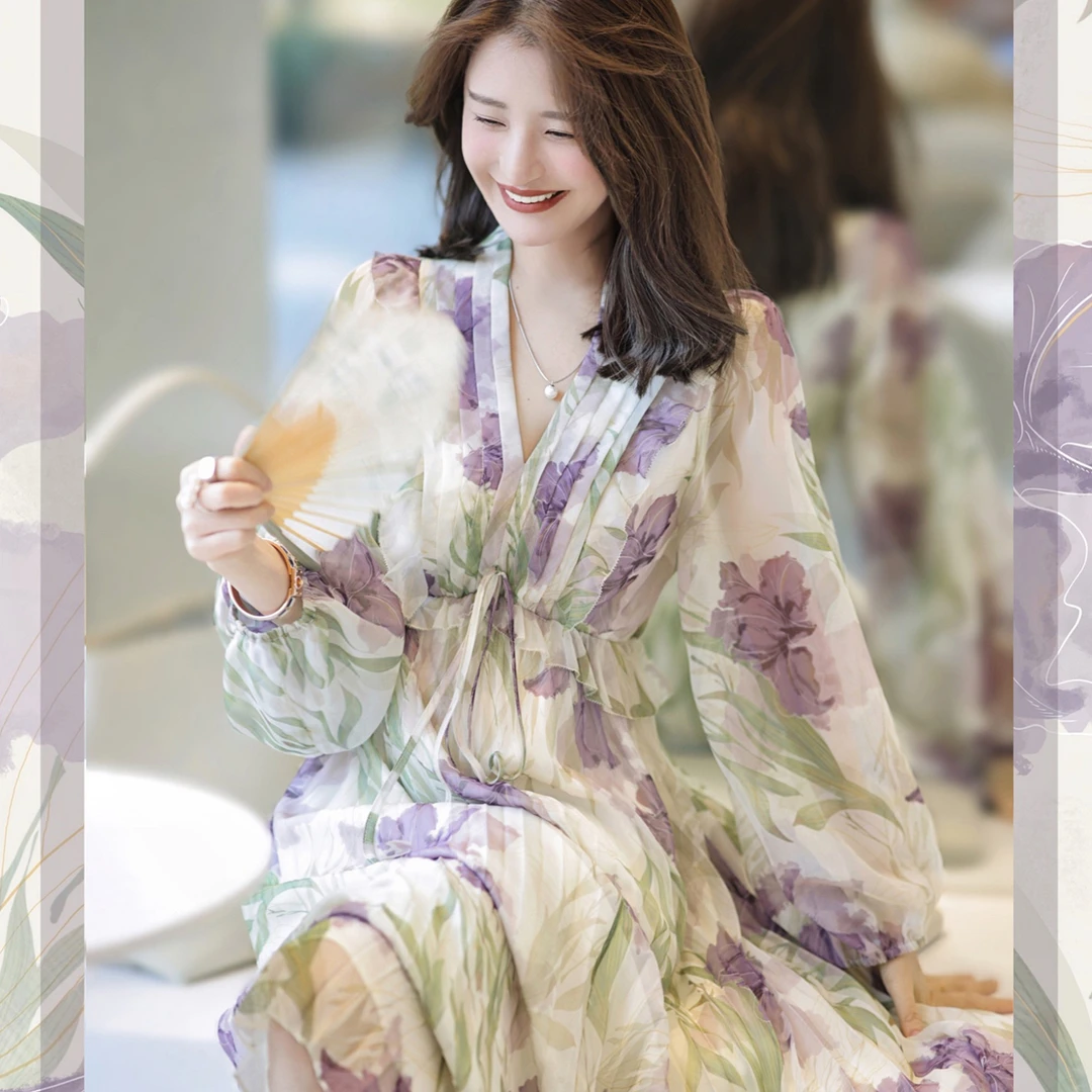 【赵大喜】鸢尾狂想曲丨时尚碎花茶歇裙春新款泡泡袖连衣裙