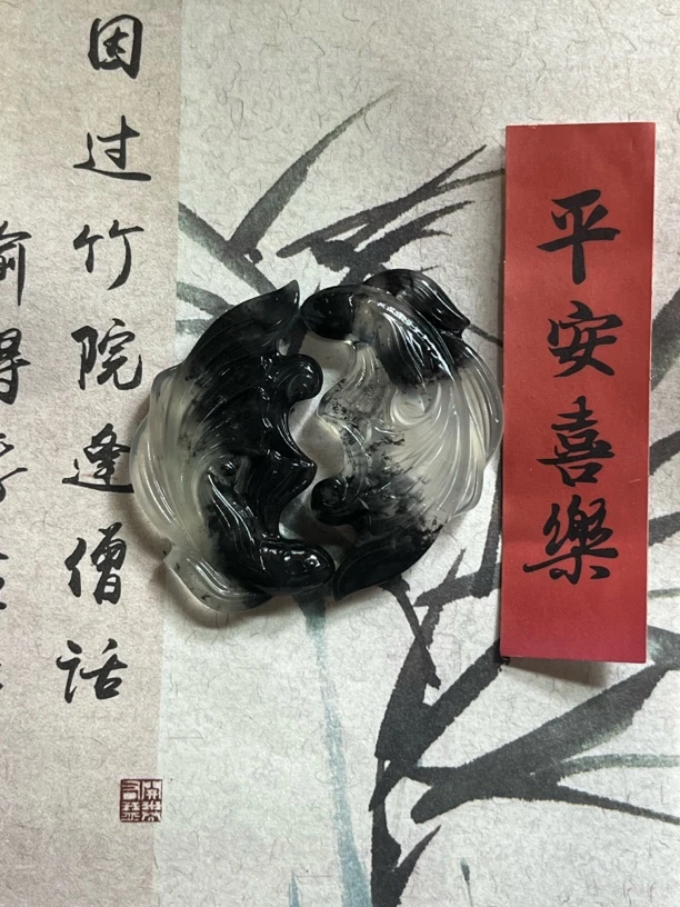 纯天然岫玉冰料对鱼水墨，鱼，情侣款，好事连连成双尺寸高51mm