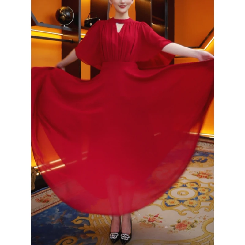 暖长裙夏季宴会树脂固色气质法式优雅长款短袖连衣裙1127