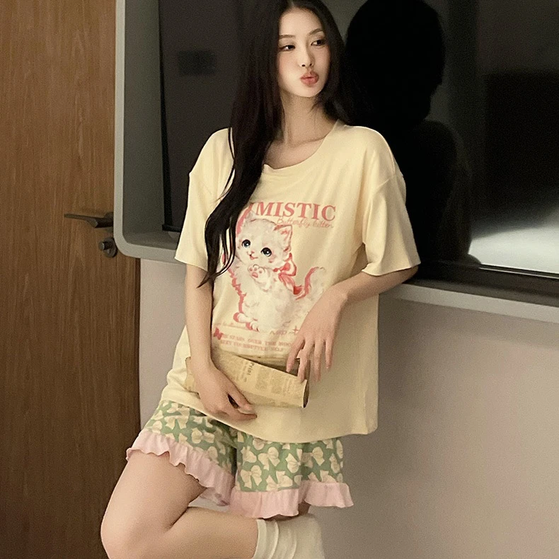 2025年新款女士莫代尔睡衣夏季短袖带胸垫加大码长裤套装可外穿