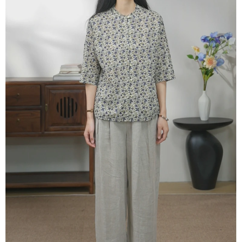 牧衣游原创 蓝雪花纯棉新款文艺碎花衬衣 云渡 [不支持会员折]