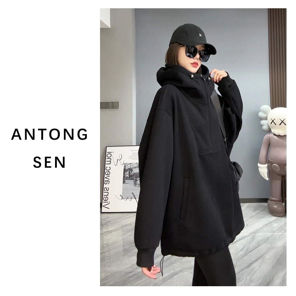 【安童森定制】慵懒风连帽卫衣加绒设计感中长款外套8132