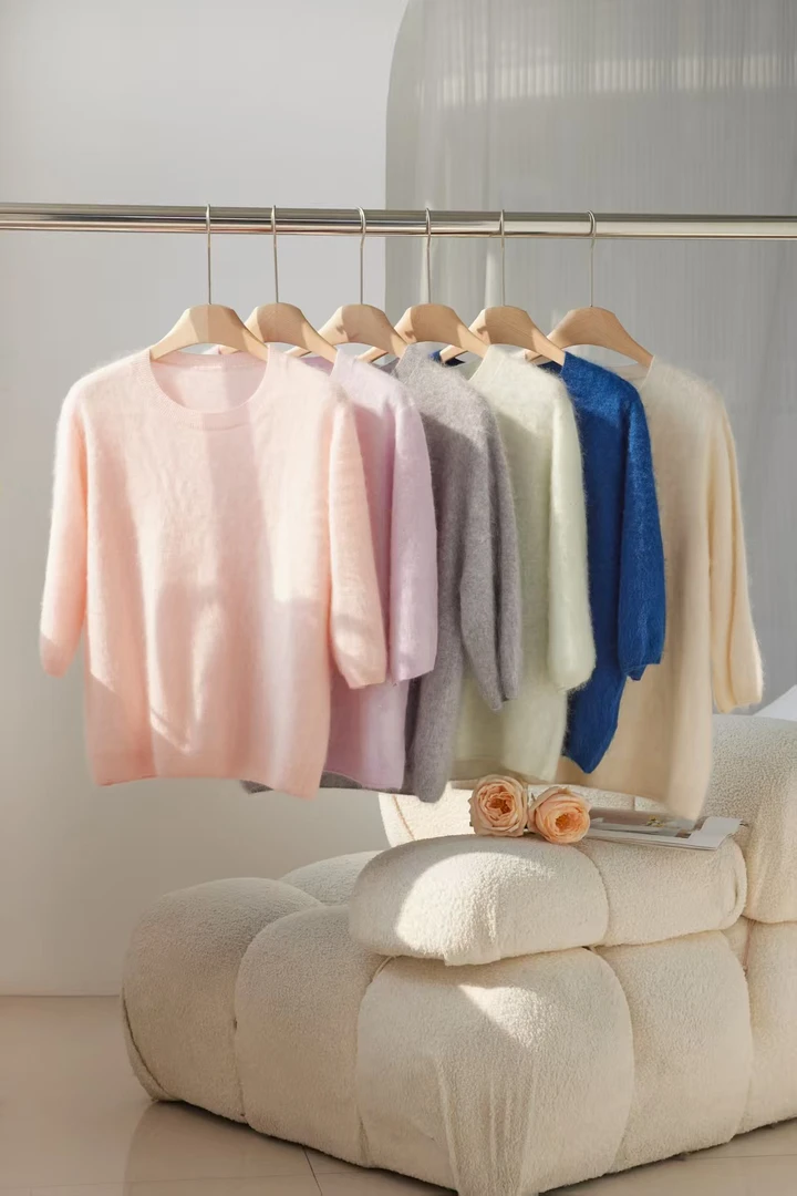 桑蚕丝羊绒精纺100春夏新款薄款拉绒纯色针织圆领潮牌时尚中袖