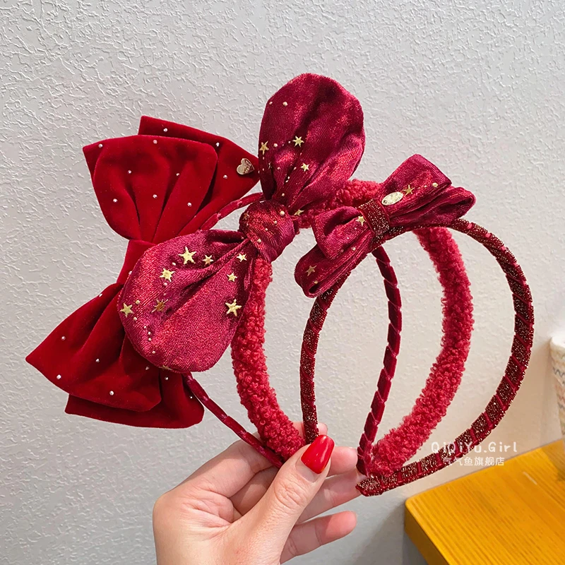 儿童新年红色蝴蝶结发箍女童过年拜年碎发压发头箍小女孩喜庆头饰